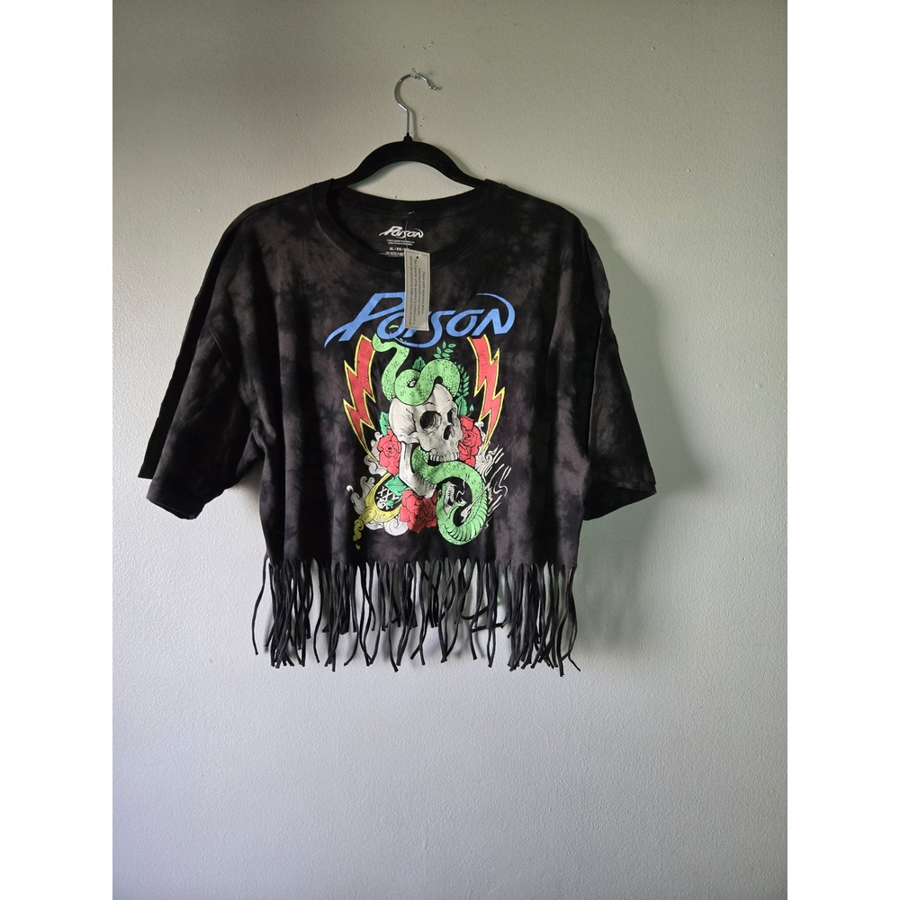 Poison Band Graphic Fringe Crop Tee XL Black Tie Dye Rock Tee NWT‎